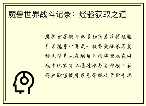 魔兽世界战斗记录：经验获取之道