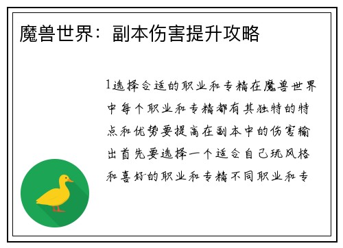 魔兽世界：副本伤害提升攻略